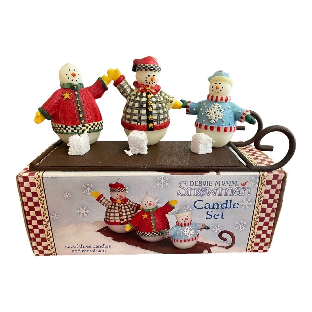 2002 Debbie Mumm Snowman Candle Set Metal Sled Candle Holder Christmas No. 27800